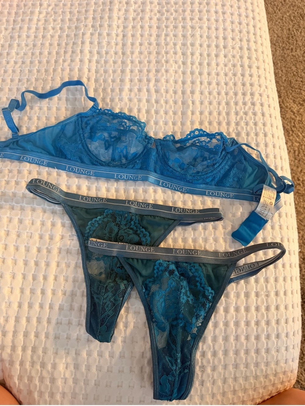 Lounge Lace Underwire Bralette & Thong Set in Teal Blue